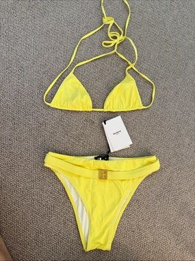 Balmain Neon Yellow Logo Bikini Set